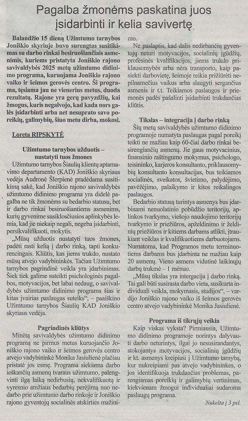 Informacija apie pristatytą užimtumo didinimo programą laikraštyje "Sidabrė"