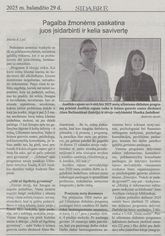 Informacija apie pristatytą užimtumo didinimo programą laikraštyje "Sidabrė"